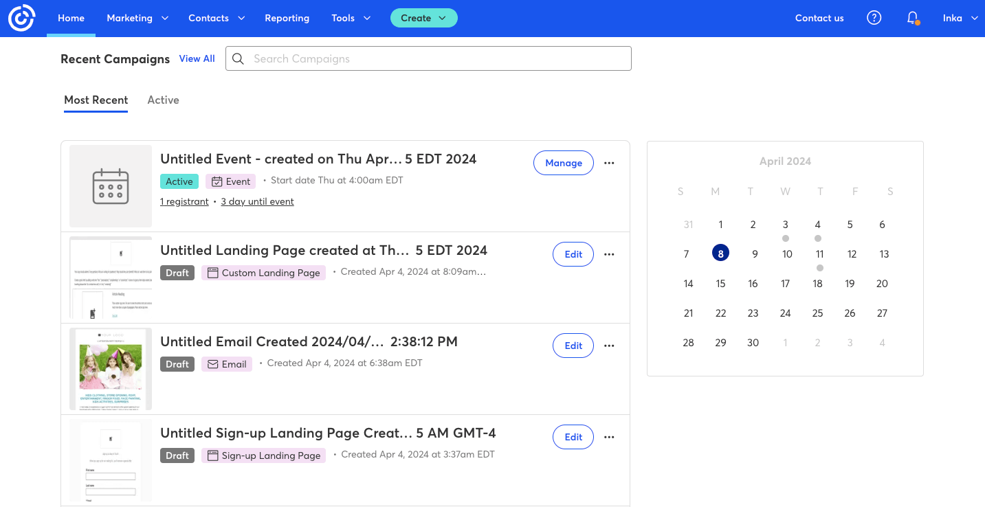 Constant Contact Dashboard Interface