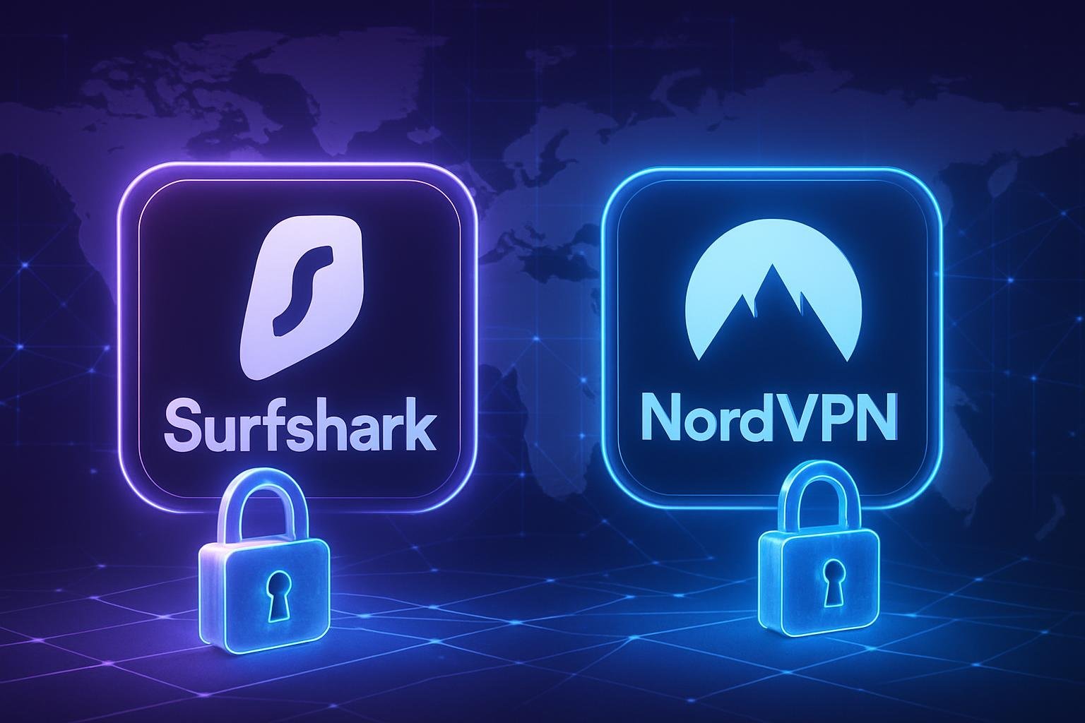 Surfshark vs NordVPN comparison with security locks and neon design